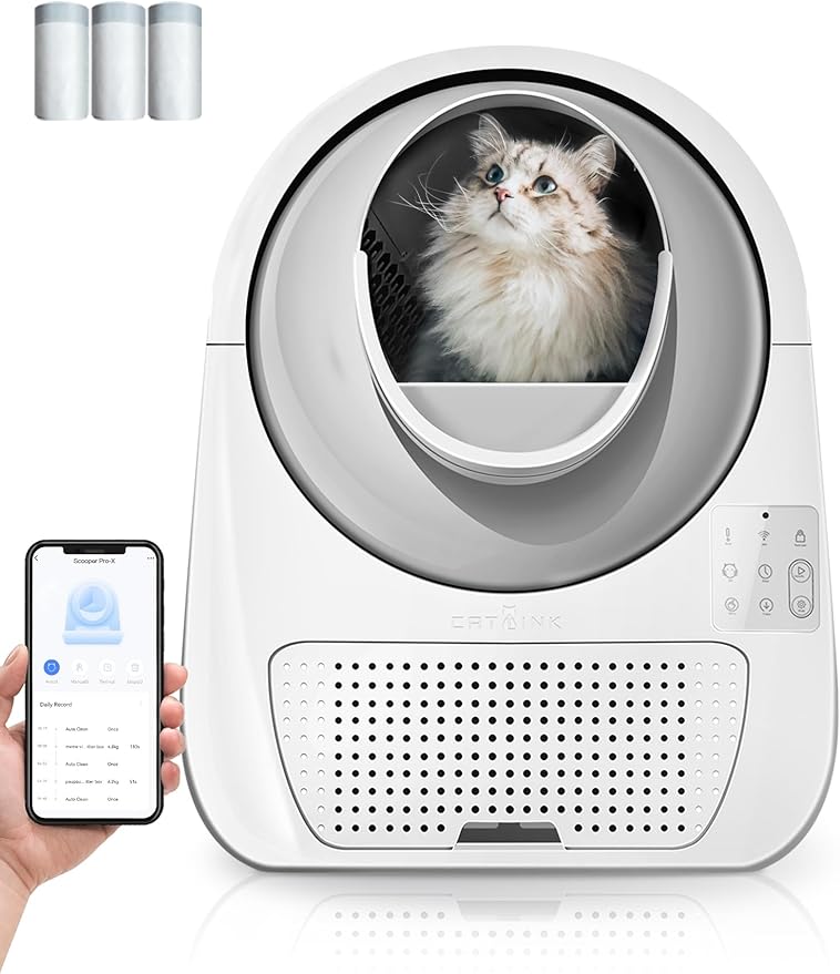 CATLINK Self Cleaning Automatic Litter Box for Cats 3.5~22lbs-APP Control,Double Odor Removal-Extra Large with 40 Liners&1 Carbon Filter Box Included -Smart Robot Cat Litter Box (New Version)