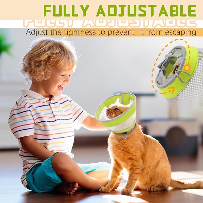 Breathable Air Mesh Cat Cone Collar Soft to Stop Licking, Adjustable, Foldable Lightweight Kitten Cones After Surgery Recovery for Cats & Kittens (Green, M)