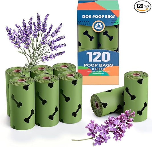 Green Dog Poo Bags Lavender scent -120 Large Biodegradable Poop Bags, Extra Thicken Strong Corn Starch Blended Compostable Leak Proof Poop Waste Bag for Dogs