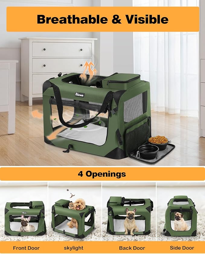 Extra Large Dog Crate with 2 Foldable Bowl, 40 Inch Collapsible Travel Dog Crate Kennel with Soft Blanket for Medium Dogs,Indoor & Outdoor (40" L x 27" W x 27" H, Green)