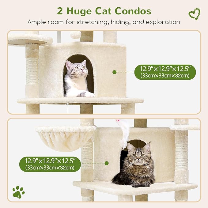 Globlazer Corner Cat Tree for Large Cats, 66inch Tall Curved Series Large Cat Tower for Multiple Indoor Cats with 6 Scratching Posts, 2 Spacious Cat Condos, Hammock, Hanging Basket, C66, Beige