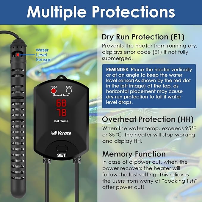 Aquarium Heater 300W Fish Tank Heater with External Thermostat (Dual Digital Display), Turtle Heater for Tanks 40-75 Gallons, Dry-Run/Overheating Protection and Memory Function
