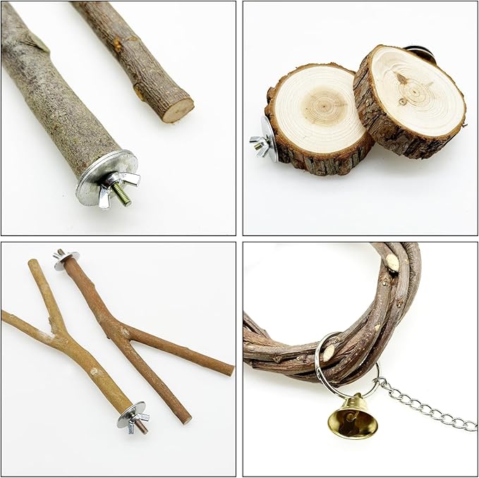 Allazone 10 PCS Natural Parrot Perch Bird Cage Accessories, Bird Platforms, Wood Stands, Grinding Fork Parakeet Platform for Small Lovebirds Budgies Cockatiels