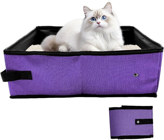 Foldable Travel Litter Box for Cats, Waterproof Portable Cat Travel Litter Box Collapsible, 15.75 * 11.82 * 3.94 Inches, Traveling & Camping Cat Supplies - Purple