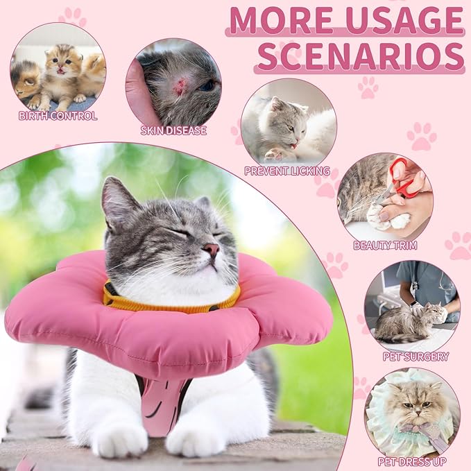 EMUST Cute Cat Recovery Suit & Cone Collar Set - Soft, Adjustable Flower Collar for Female Kittens Under 4lb (Pink, S)