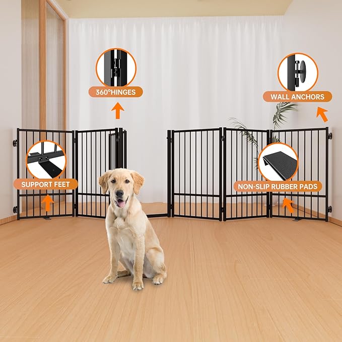 Full Metal Freestanding Dog Gate with Door, 32''Height Foldable Pet Dog Fence for Indoor & Outdoor, 6 Panels Extra Wide Free Standing TallDog Gates for Doorways,House,Stairs,Porch,Deck,Yard