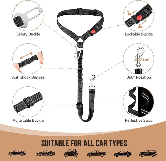 SlowTon Dog Seat Belt for Car, 2 Pack Dog Car Harness Seatbelt Adjustable with Elastic Bungee Buffer, 2 in 1 Pet Car Leash Headrest Restraint Dog Reflective Safety Tether (S, Black, Headrest+Clip)