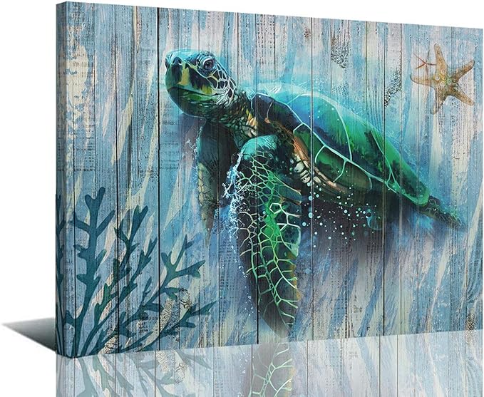 Arjun Bathroom Decor Blue Wall Art Canvas Green Sea Turtle Teal Submarine Picture, Blue Modern Landscape Painting Framed for Living Room Bedroom Home Office Wall Decor, 16"x12"