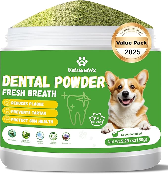 Dog Dental Care Powder - Plaque & Tartar Control with Natural Enzymes, Teeth Cleaning Powder for Dogs with Probiotic, Bad Breath Treatment for Small Medium Large Dogs