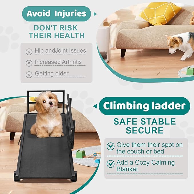 Dog Ramp for Bed, Adjustable Pet Ramps for Dog to Get on Bed, Non-Slip Rubber Surface - Folding Wooden Dog Ramp for Small/Large/Old Dogs, Adjustable up to 23.5 inch High Beds, Safety Railings