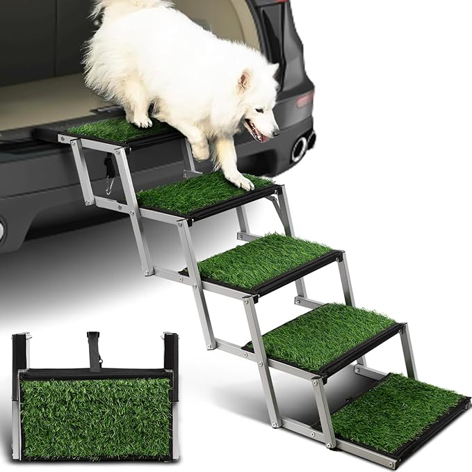 Dog Stairs for Car, Portable Folding Dog Ramps,Dog Steps for Large Dogs with Non-Slip Grass Rug for Cars, SUV, Trucks, Lightweight Pet Ramp Supports Up to 200 lb, 5 Steps