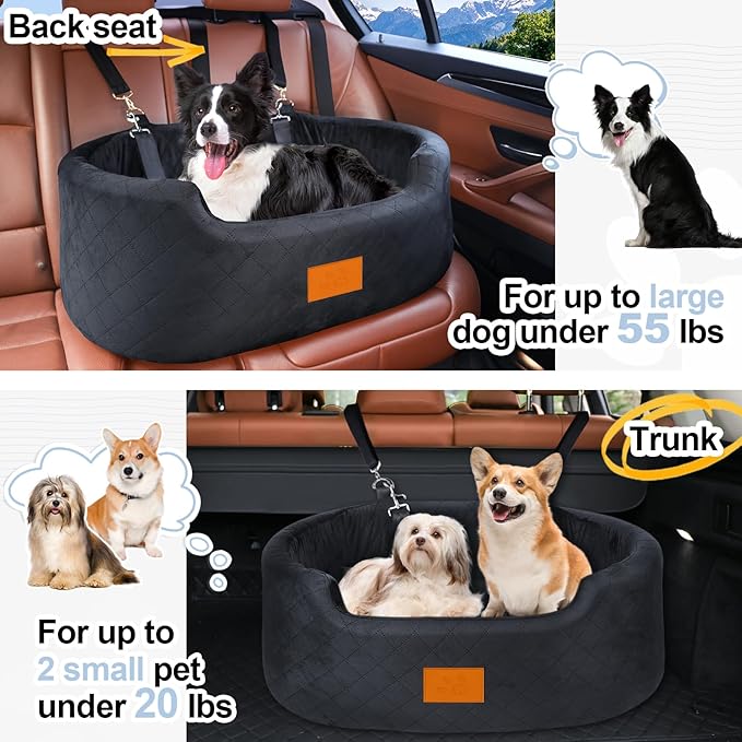 Dog Car Seat for Medium Dogs Up to 50 lbs, Pet Booster Seat for Cars SUVs and Trucks, Travel Dog Bed with Safety Strap, Thick Cushion, Non-Slip Base, Washable and Portable (Black)