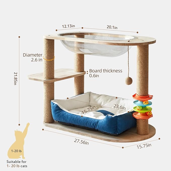 2 Tier Cat Tower,21.85 in cat Perch Wood cat condo with Hammock and Sisal Rope Scratcher Post Hanging Toy Balls for Indoor Large Cats Kittens (Blue)