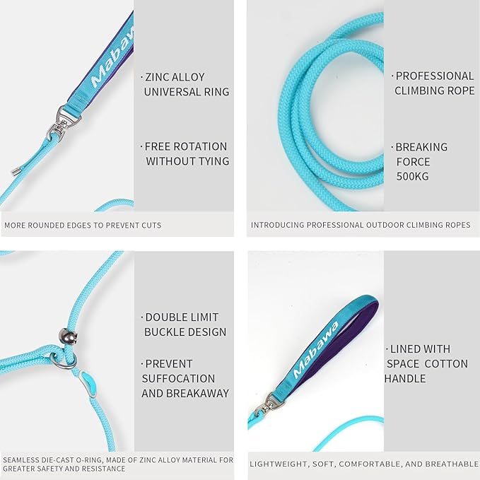 Dog Anti-Slip Leash 5FT with Metal Stopper - Durable No-Pull Training Lead for Small, Medium & Large Dogs - Comfortable Handle Nylon Rope, Tangle-Free Pet Walking Leash (Lake Blue, 5.6FT)