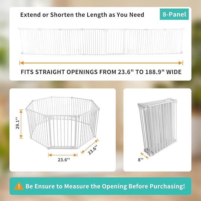 Extra Wide Baby Gate, 30" Tall 189" Wide Configurable Baby Gate Fireplace Safety Fence, Metal Pet Safety Playpen for Toddler/Pet/Dog Christmas Tree Fence (Whtie, 8-Panel)