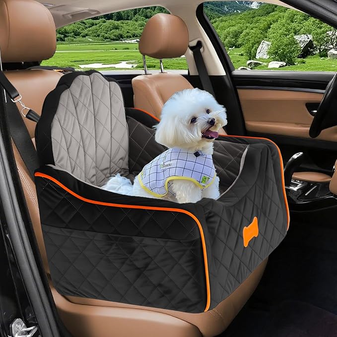 Dog Car Seat for Small Dogs Under 30lbs, Detachable Washable Pet Booster Seat with Safety Belt & Storage Pockets, Travel Car Bed, Black/Grey