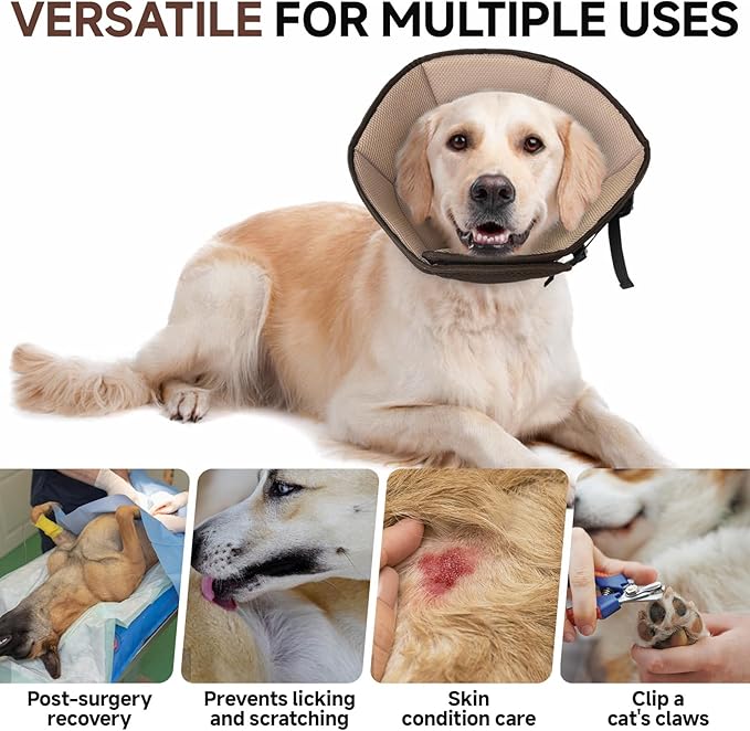 Dog Cone Collar M, Soft Cones for Large Medium Small Dogs,Adjustable Dog Cone Alternative to Stop Licking, Comfy Elizabethan Collar for After Surgery Wound Healing & Hot Spots Brown