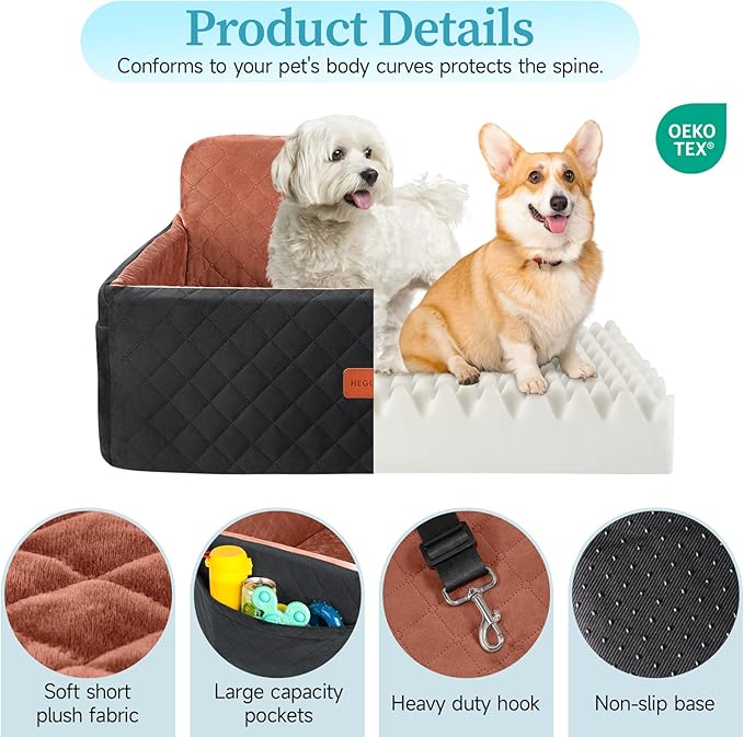 Dog Car Seat for Medium/Large Dogs, Pet Booster Seat for Under 55 lbs or 2 Small Dogs, Detachable & Washable Dog Car Bed for Backseat with 2 Safety Leashes(Black/Brown)