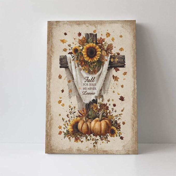 Christian Fall Wall Art Autumn Rustic Cross Sunflower Pumpkin Wall Decor Fall for Jesus He Never Leaves Pictures Painting Print Framed Artwork Decorations Gifts for Living Room Bedroom Prayer Room Office 16"x24"