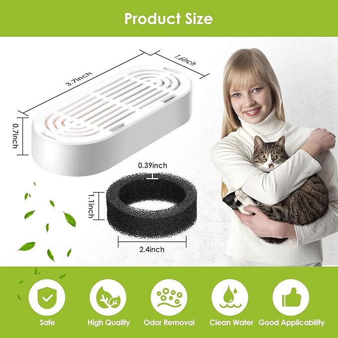 Cat Water Fountain Filters, 3 Pack Replacement Filters & Replacement Pre-Filter Sponges for Stainless Steel Pet Fountain with Water Level Window, Fountain Carbon Filters for Dog Water Dispenser Bowl