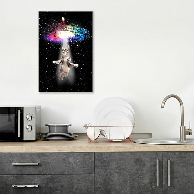 Funny Cat Wall Art Canvas Galaxy Wall Decor Prints Framed Painting Animal Pictures Gifts Artwork for Bathroom Living Dining Kitchen 16"x24"