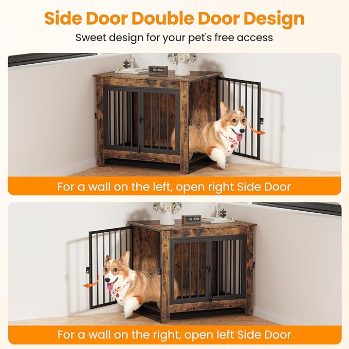 Dog Crate Furniture, Dog Crate End Table for Small and Medium Dogs,Wooden Cage Kennel Furniture Indoor, Modern Dog Crate with Multi-Purpose Removable Tray, Double-Doors Dog Furniture, Rustic Brown