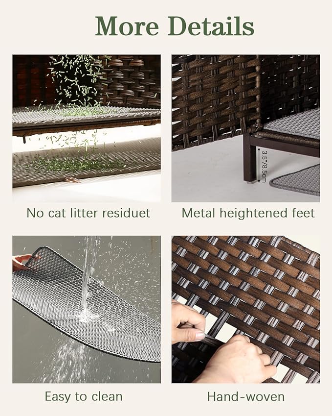 Cat Litter Box Enclosure Hidden Litter Box Furniture with Metal Heightened Feet, Rattan Handwoven Cat House with Litter Mat, Hidden Litter Box Furniture for Bedroom Living Room Brown
