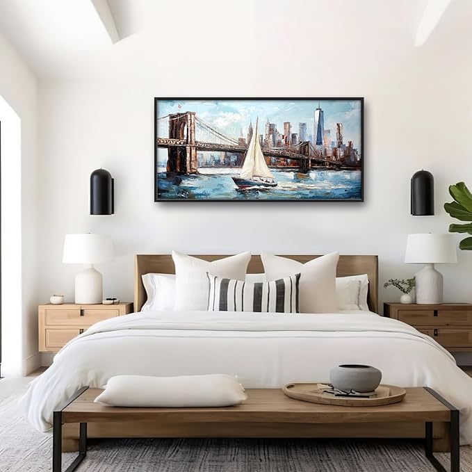 Extra Large Sailboat Framed Wall Art for Living Room,Oversized New York Brooklyn Bridge Pictures Wall Decor,Cityscape Canvas Print Painting Modern Artwork Bedroom Office Bathroom 60L" x 30W"