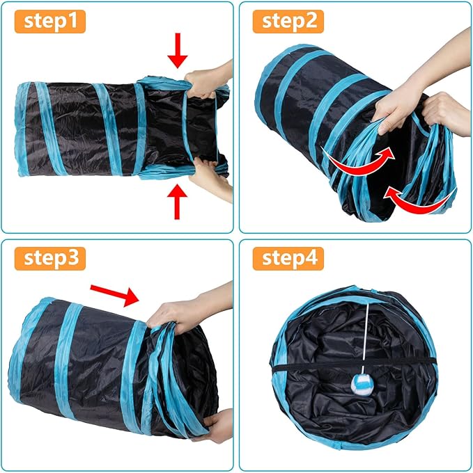 Cat Tunnel, 3 Way Cat Tunnels for Indoor Cats, Foldable Cat Tubes and Tunnels for Cats Kittens, Kitty Bored Peek Hole Toy Ball Cat, Puppy, Kitty, Kitten, Rabbit, Guinea Pigs (Blue & Black)