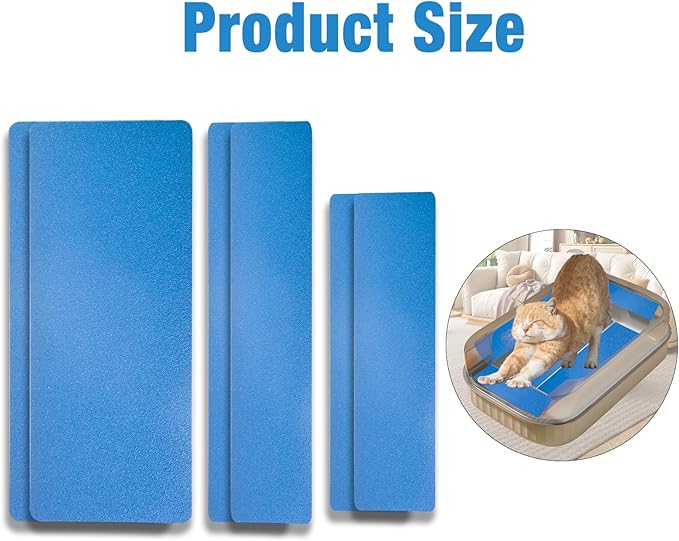 Cat Nail File Scratching Strips - 6 Pcs Cat Scratcher Liner for Litter Box, 3 Pairs Peel Stick Cat Strips in Different Sizes - Recommended for Litter Box Use (Blue)