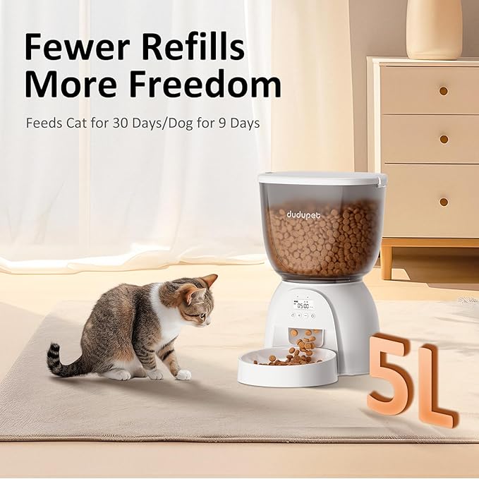 5L/21 Cup Automatic Cat Feeder, Timed Cat Food Dispenser, Automatic Pet Feeders Up to 6 Meals 1-20 Portion, Dual Power Supply Cats Feeder with Stainless Steel, Pet Dry Food Dispenser for Cats & Puppy