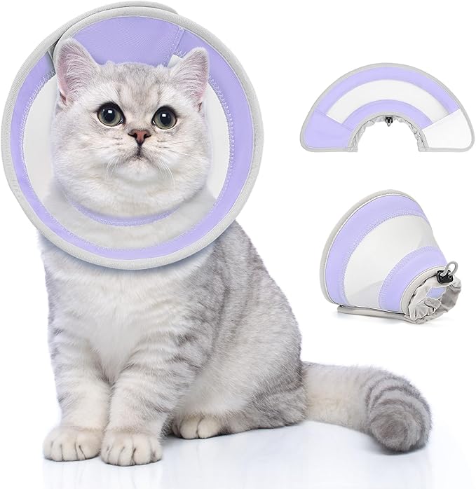 Breathable Air Mesh Cat Cone Collar Soft to Stop Licking, Adjustable, Foldable Lightweight Kitten Cones After Surgery Recovery for Cats & Kittens (Light Purple,L)