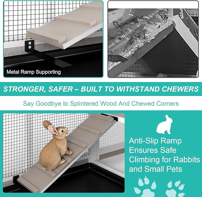2-Tier Rabbit Hutch with Wheels, Indoor & Outdoor Small Animal Cage with Deep Pull-Out Tray, Anti-Chew Frame, Habitat for Bunny, Guinea Pig, Chinchilla (93" L x 19" W x 35" H)