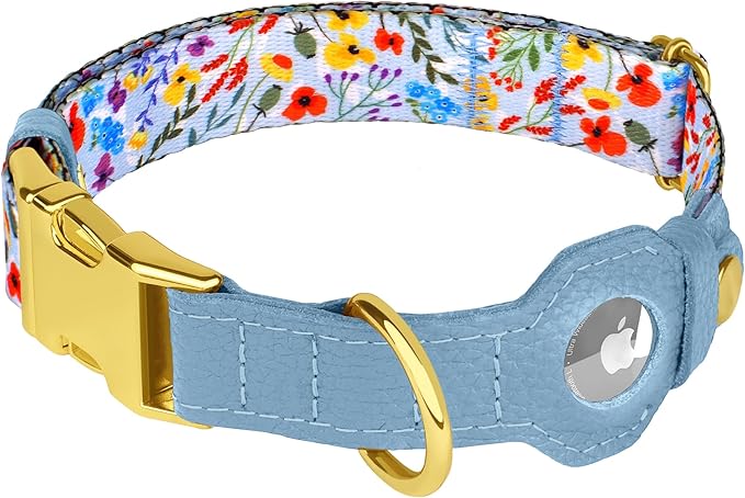 AirTag Dog Collar for Small Medium Large Breed - Adjustable Cute Pattern Dog Collar with Airtag Holder - Soft Leather Tracker GPS Apple Air Tag Pet Collars (Large, 17"-21" Neck Fit, Floral)