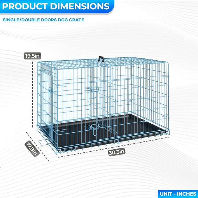 FDW Dog Crate for Medium Dogs 30 Inch Folding Metal WirePet Cage Double Door W/Divider Panel Indoor Outdoor Kennel Leak-Proof Plastic Tray,Blue