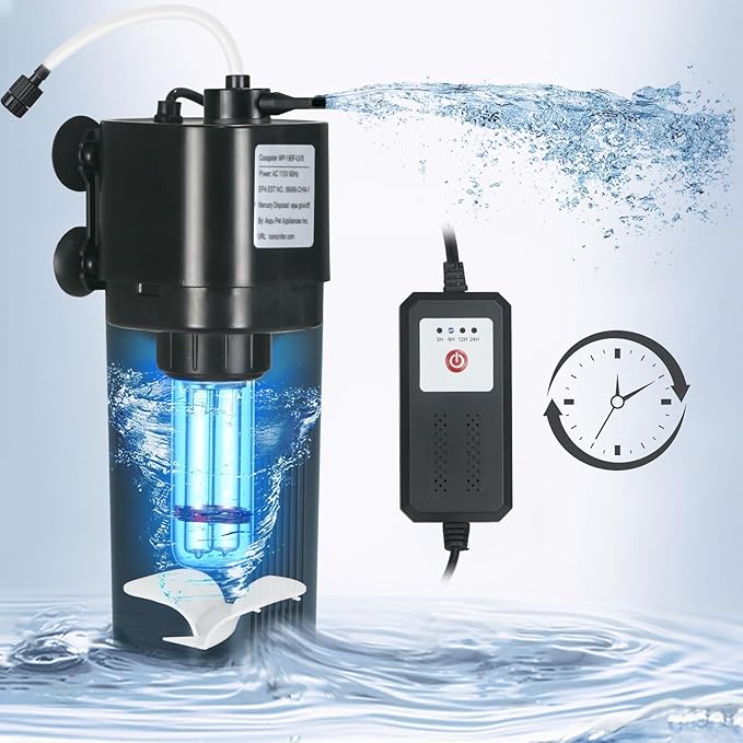 Aquarium U-V Filter for 10-40 gal, 132 GPH Swirl Turbo Design Submersible Internal Turtle Fish Tank Filter w/Timer, Quiet Power Pump Air Supply Green Clean Machine Saltwater Freshwater Green Killing