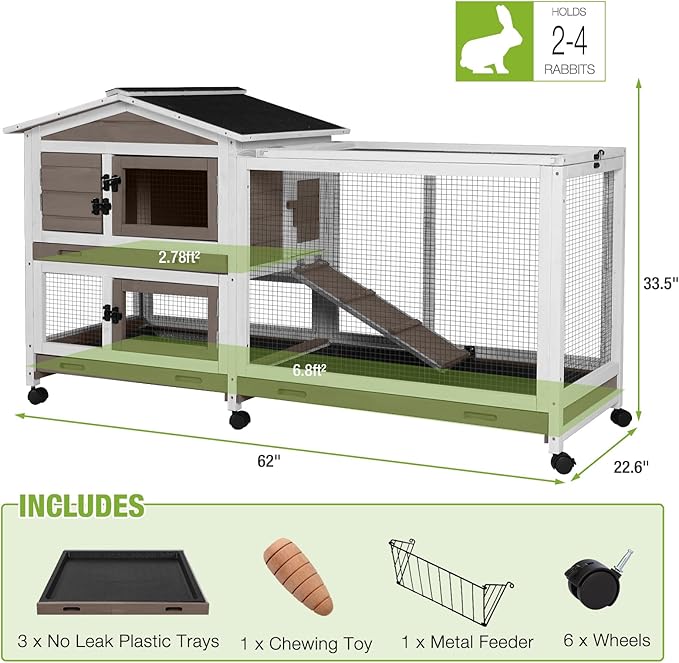 GUTINNEEN Rabbit Cage Indoor Bunny Hutch with Chew-Proof Ramp - 2 Story Guinea Pig Cages Outdoor with 6 Wheels, Leakproof Pull-Out Tray for Rabbits, Guinea Pigs (Brown)