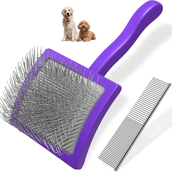 2PCS Slicker Brush for Dogs & Pet Comb,Professional Dog Grooming Brush (Goldendoodles,Poodles,Labradoodles) with Extra Long Pins to Effectively Remove Tangles, Knots and Mats (Purple)