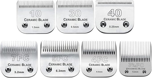 7Pack 10 Blades Dog Grooming Replacement Blades Compatible with Andis Pet Clipper/Oster A5/Wahl KM Series Dog Clipper,Ceramic Blade & Stainless Steel Blade (#10+30+40+3FC+4FC+5FC+7FC)
