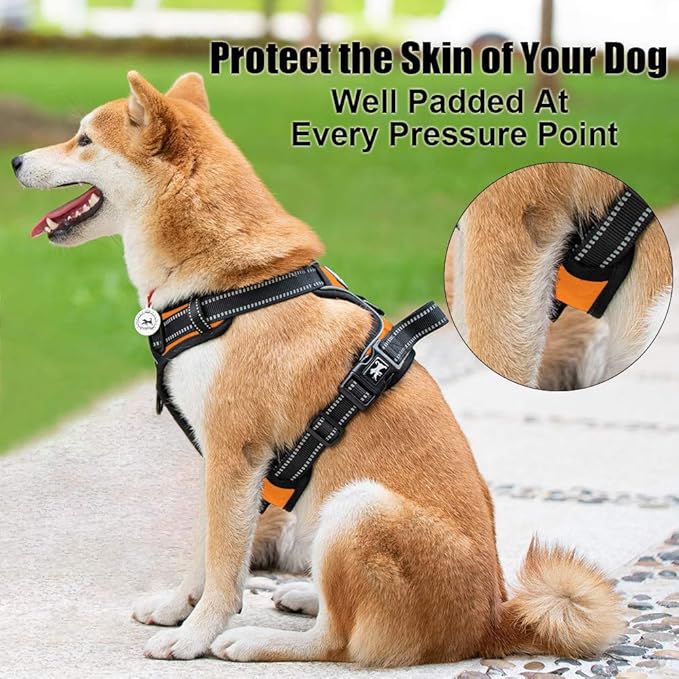 PoyPet No Pull Dog Harness, Reflective Comfortable Vest Harness with Front & Back 2 Leash Attachments and Easy Control Handle Adjustable Soft Padded Pet Vest for Small to Large Dogs (Orange,XS)