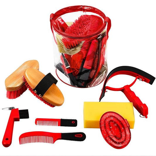 9 Pieces Horse Grooming Kit Tack Room Supplies Set with Organizer Tote Bag, Oval Massage Curry, Hard and Soft Brush, Hoof Pick, Sweat Scraper, Bathing Sponge, Combs for Horse Riders Beginners (Red)