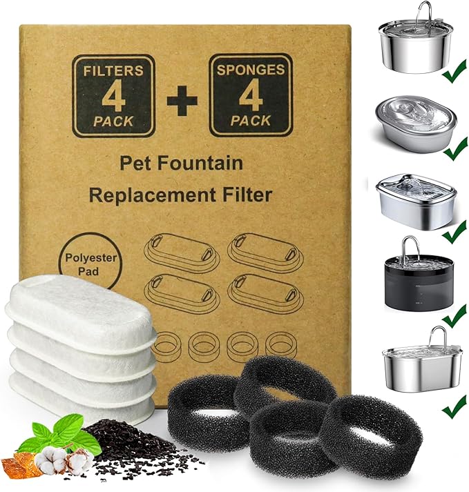Cat Water Fountain Filters,8 Pack Cat Fountain Replacement Filters for Stainless Steel 67oz/2L Adjustable Water Flow Pet Water Fountain,Dog Water Fountain (4+4 Pack)