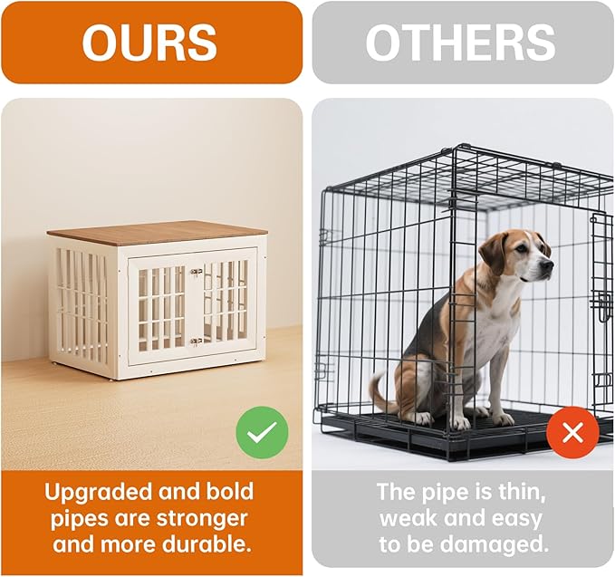 32" Heavy Duty Dog Crate Furniture for Small,Medium and Large Dogs,Rustic Wooden Dog Cage Kennel Indoor Furniture with Waterproof Top,Decorative Pet House Side End Table (White & Wood)