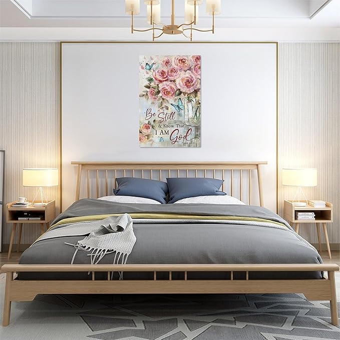 Farmhouse Rose Wall Art Christian Scripture Pictures Pink Rose Wall Decor Rustic Floral Butterfly Canvas Print Painting Artwork for Bathroom Living Room Bedroom 16"x24"