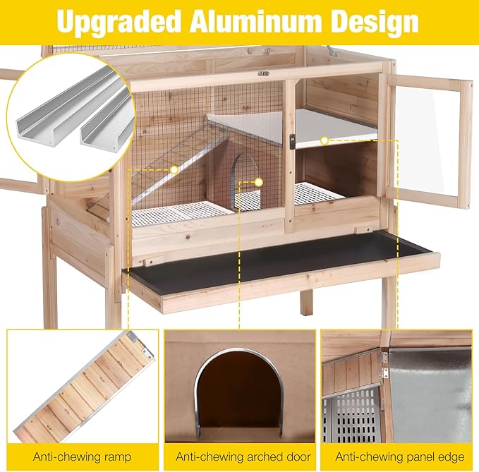 Aivituvin Wooden Guinea Pig Cages Indoor with Removable Stand, Anti Chewing Rabbit Hutch with Ramp and Wire Mesh, 2 Story Small Animals House Habitat with Pull Out Tray (Light Natural Wood)