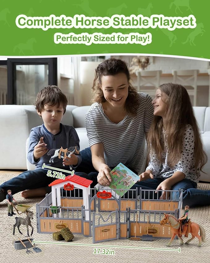 Horse Stable Playset, Horse Gifts for Girls and Boys with 3 Horses and 2 Riders, Horse Toys Set Farm Animals Toys for Kids 3 4 5 6 7 8+ (Horse Playset 1)