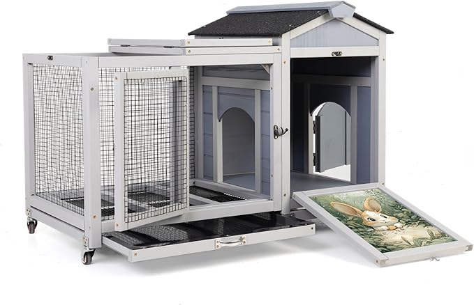 COZIWOW 38.5inches Durable Wooden Rabbit Cage Indoor，Wide Space Small Animal House with Removable Tray&Safety Lock，Rubbit Hutch with Waterproof Roof&Solar Panels (Grey with Pattern)