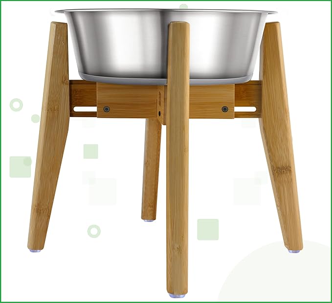 Dog Bowl Stand (12-inch High) - Ideal for Large Breeds - Adjustable Sideways, Slanted Feet - Elevates, Raises Pet Food Feeders, Water Dishes, Fountains, Dispensers - Bamboo Stand Only