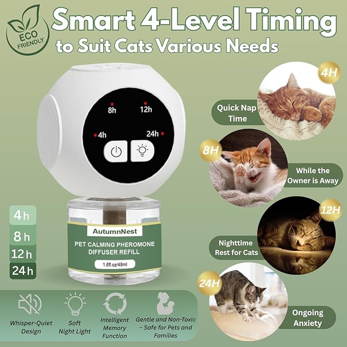 Cat Calming Pheromones Diffuser Kit with Timer – 2 Plug-Ins + 4 Refills (48ml) – 4-Level Timing – Stress Relief for Cats – Helps with Hiding, Scratching, Urine Marking, Travel, Vet Visits