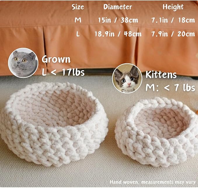 Cat Nest Bed – Premium Handwoven Washable Extra Soft Round Cave House for Indoor Kitten & Kitty, Small & Large (Cloud White,Medium)